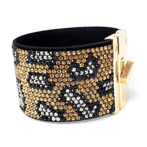 Rhinestone Leopard Black And Gold Tone Magnetic Clasp Bracelet Mob Wives Glam